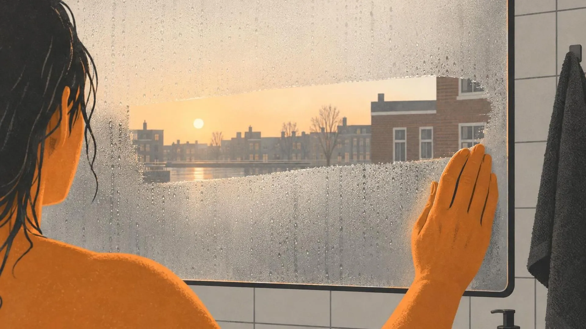 Close-up van een beslagen badkamerspiegel na het douchen, met één heldere veeg erdoorheen die het lichte ochtendlicht erachter onthult.