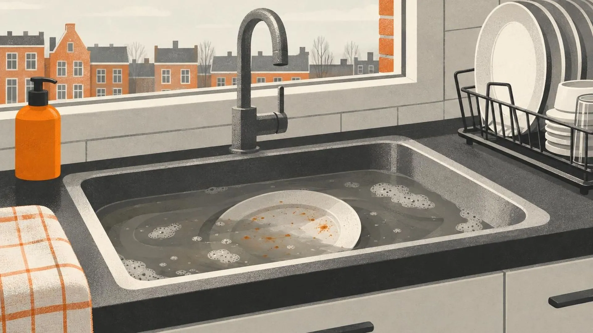 Eén bord dat al dagen in grijs afwaswater in de gootsteen ligt te weken, terwijl schone vaat netjes op het afdruiprek staat.