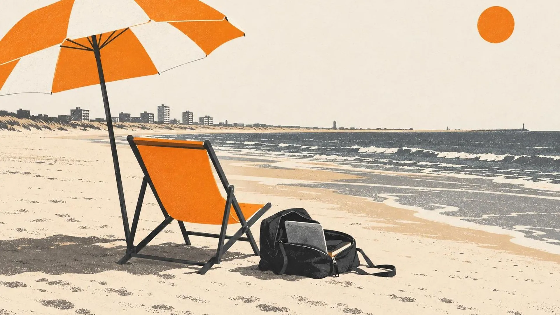 Een strandstoel met parasol aan de Nederlandse kust, met een geopende laptoptas ernaast in het zand.