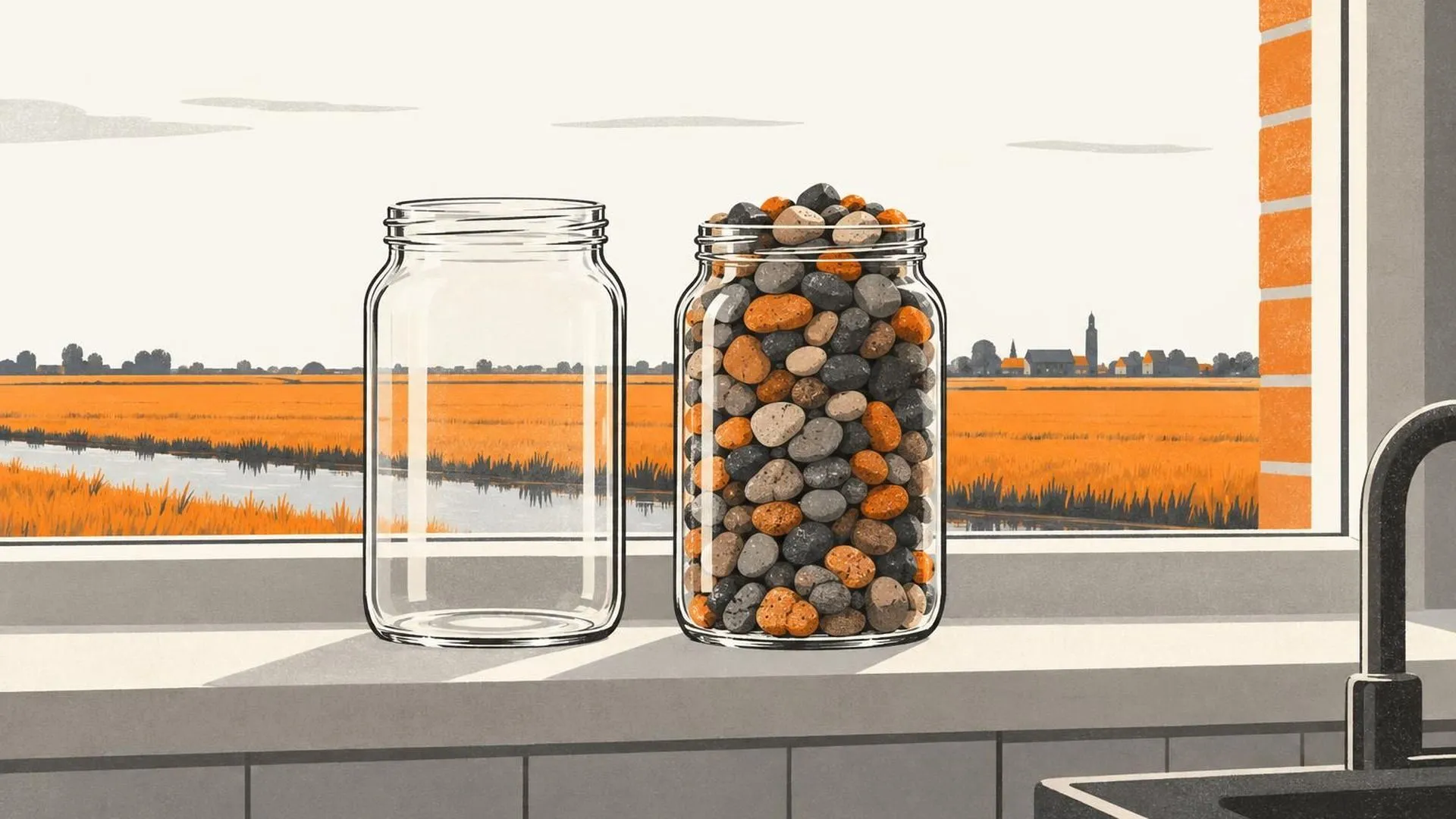 Een lege glazen pot en een glazen pot die tot de rand gevuld is met kleine kiezelsteentjes staan naast elkaar op een vensterbank.
