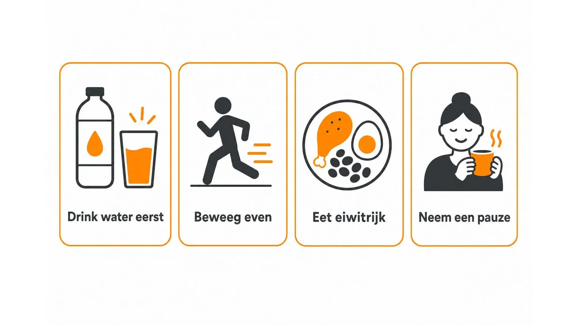 Vier praktische tips om stresseten te verminderen: drink water, beweeg, eet eiwitrijk, neem pauze