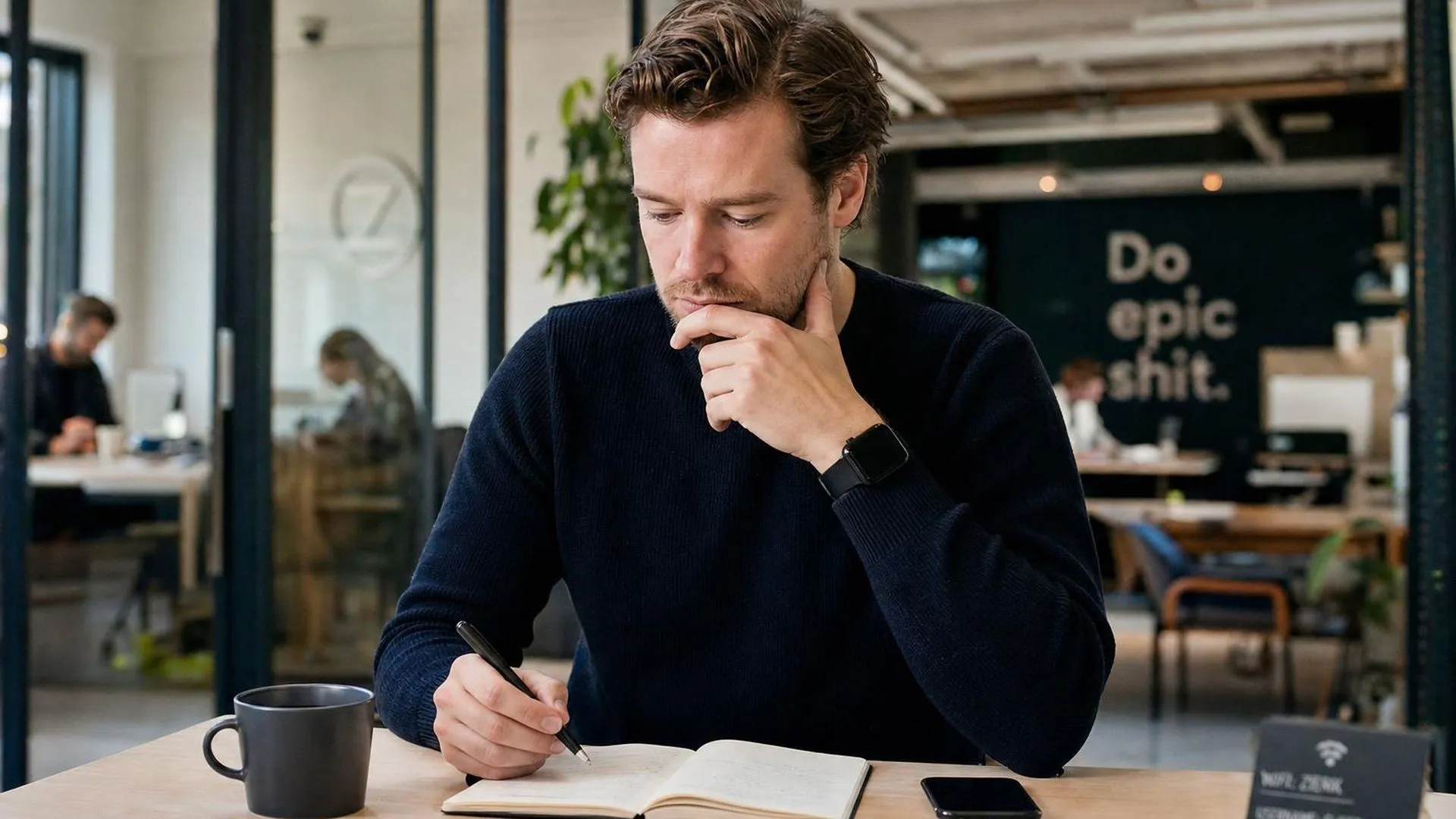 Persoon die peinzend naar een notitieboek kijkt tijdens een verandering