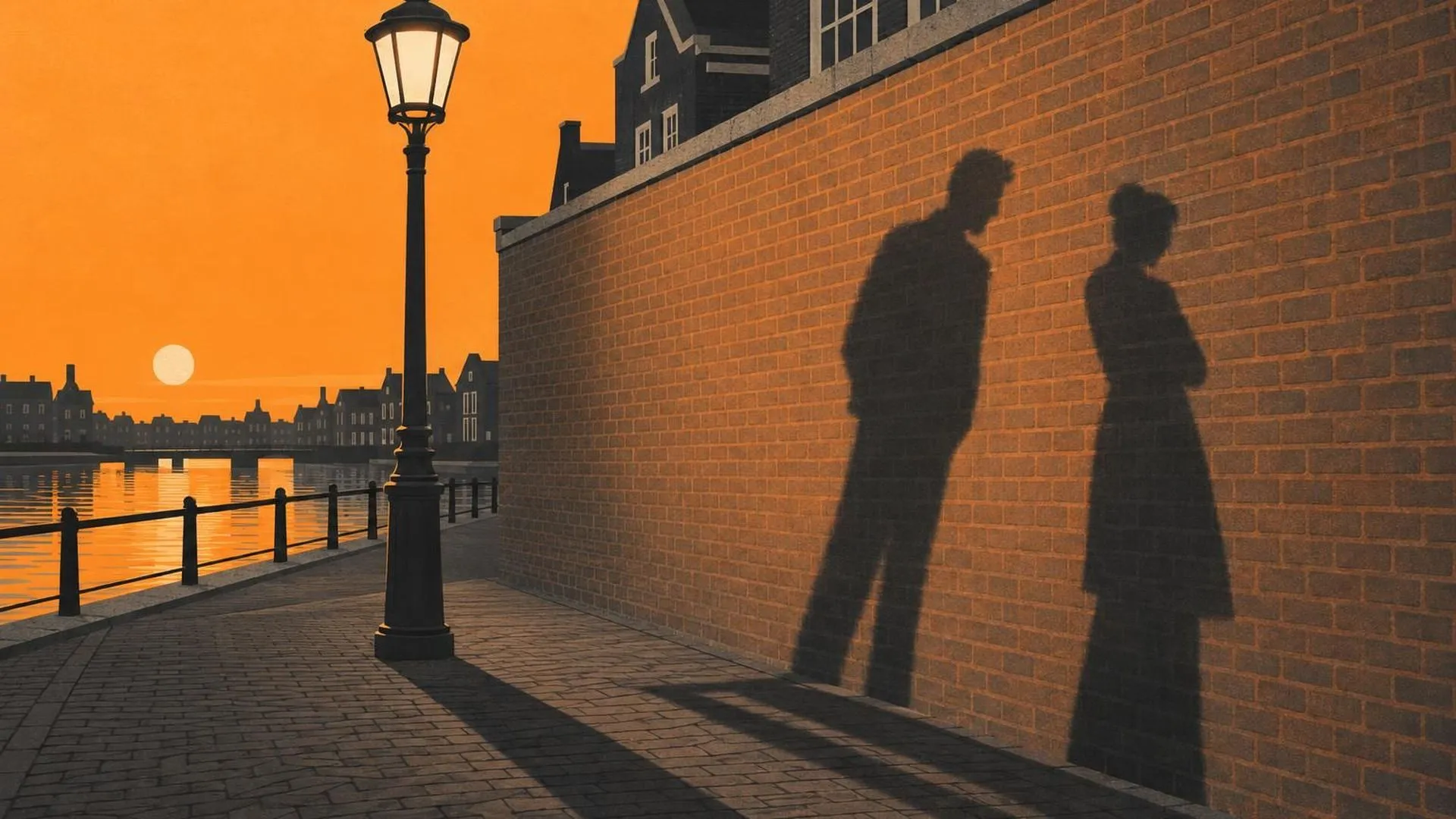 Twee lange schaduwen op een bakstenen muur onder een Nederlandse straatlantaarn in de schemering, de een leunt naar de ander toe terwijl de tweede net iets wegleunt.