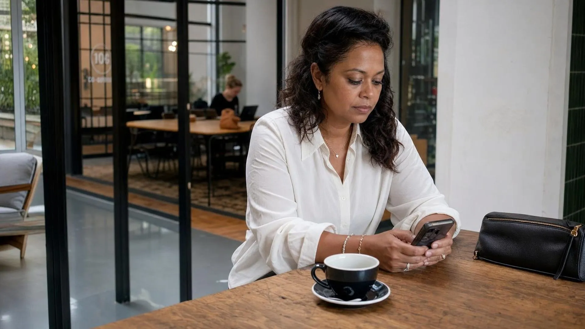 Persoon staart naar telefoon in een café met onaangeroerde koffie