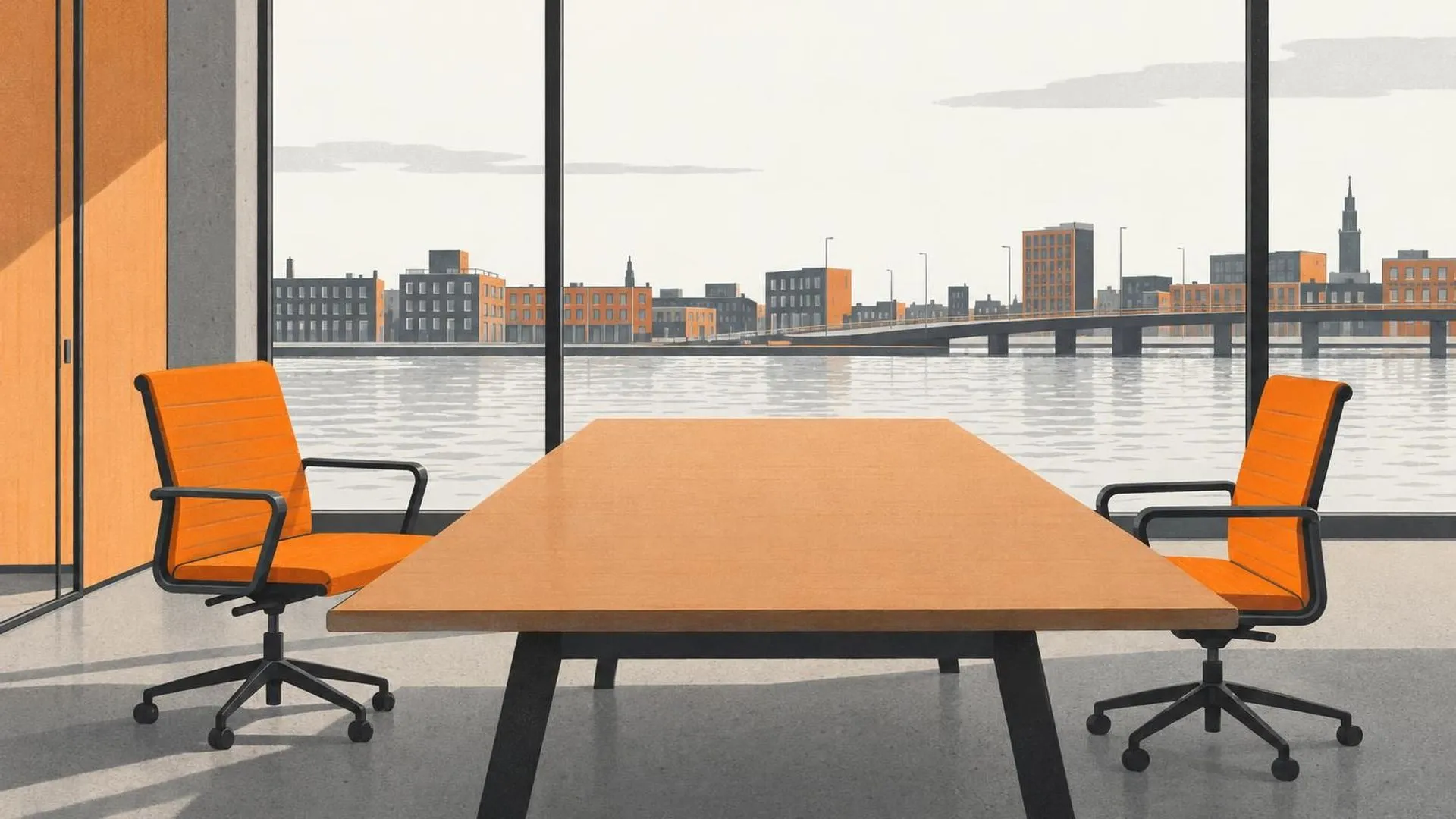 Twee bureaustoelen staan tegenover elkaar aan een lange, lege vergadertafel, één stoel is naar achteren getrokken en licht gedraaid richting de ander.
