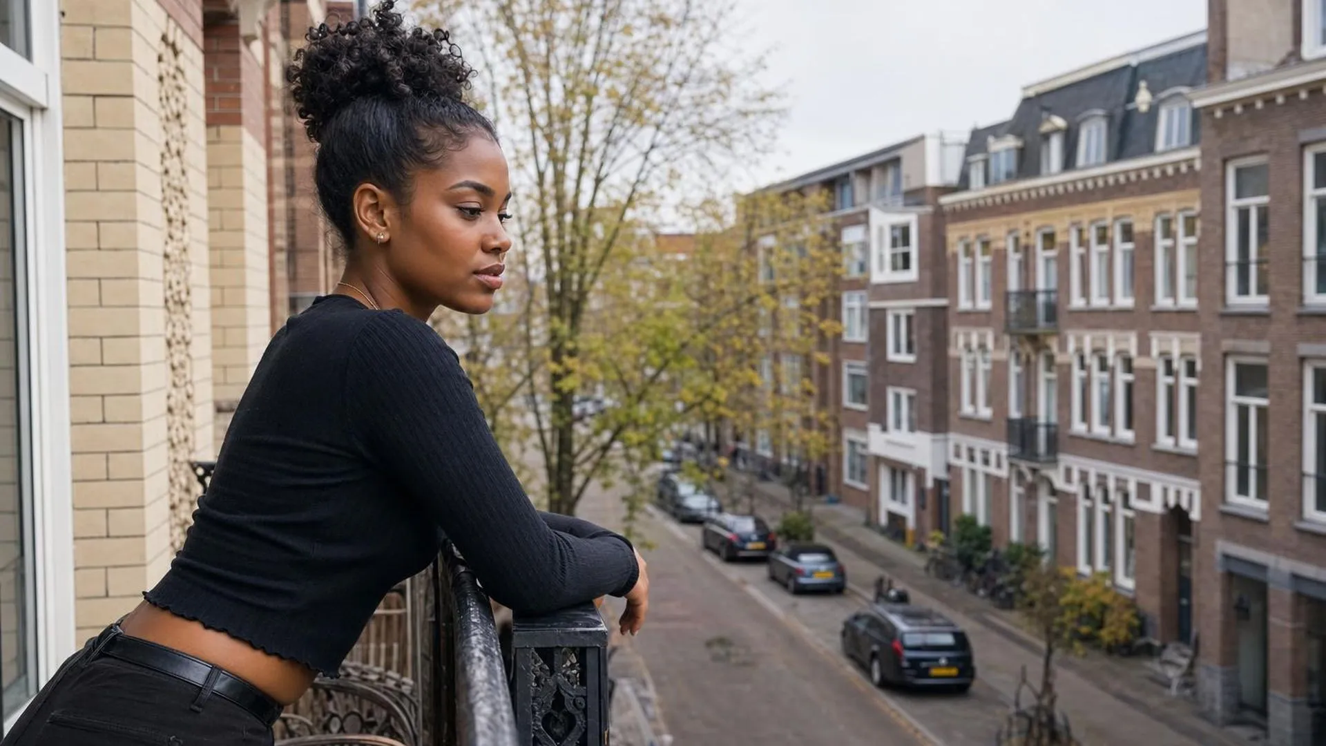 Persoon staat stil op balkon en kijkt naar buiten