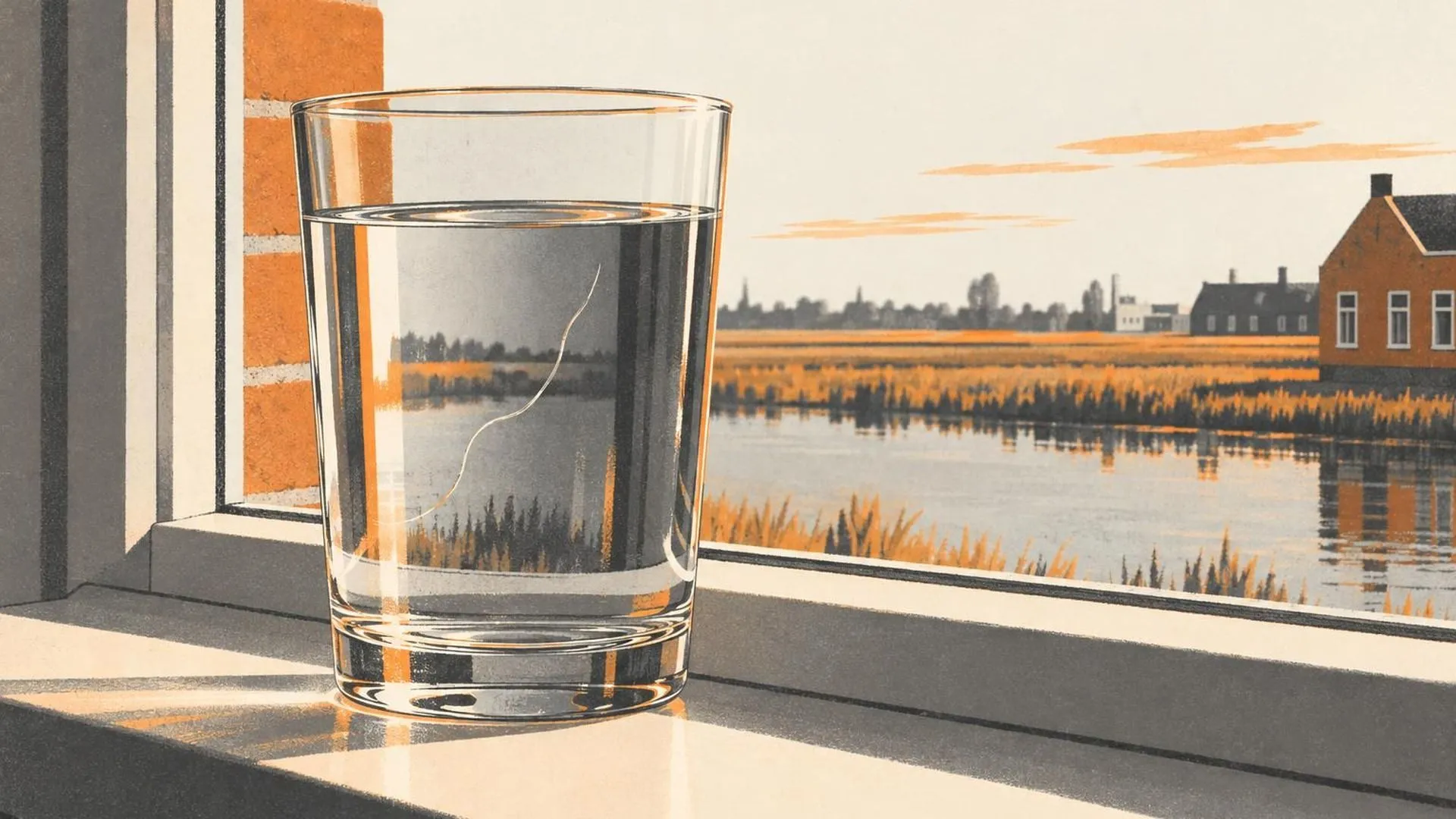 Close-up van een dun, doorschijnend sliertje dat stilhangt in een glas water op een vensterbank in de zon.
