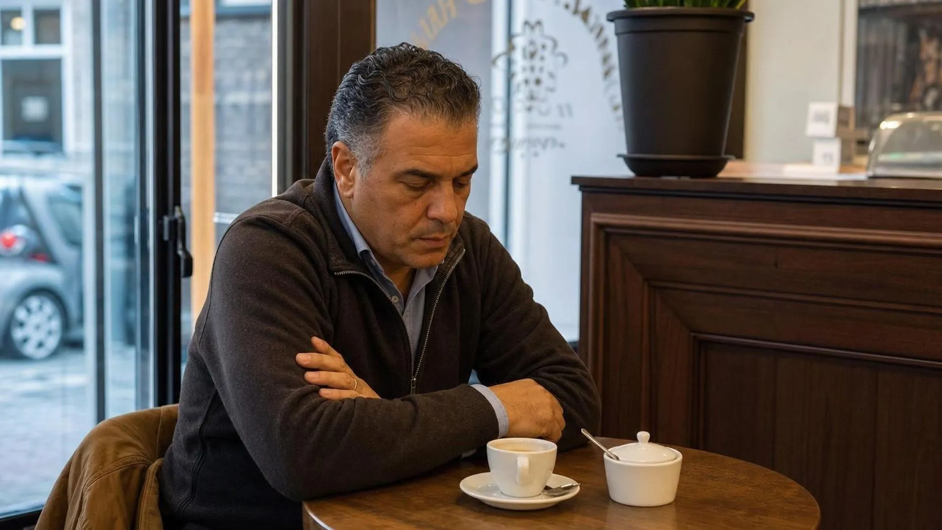 Persoon zit alleen aan een tafeltje in een café en staart naar een kopje koffie