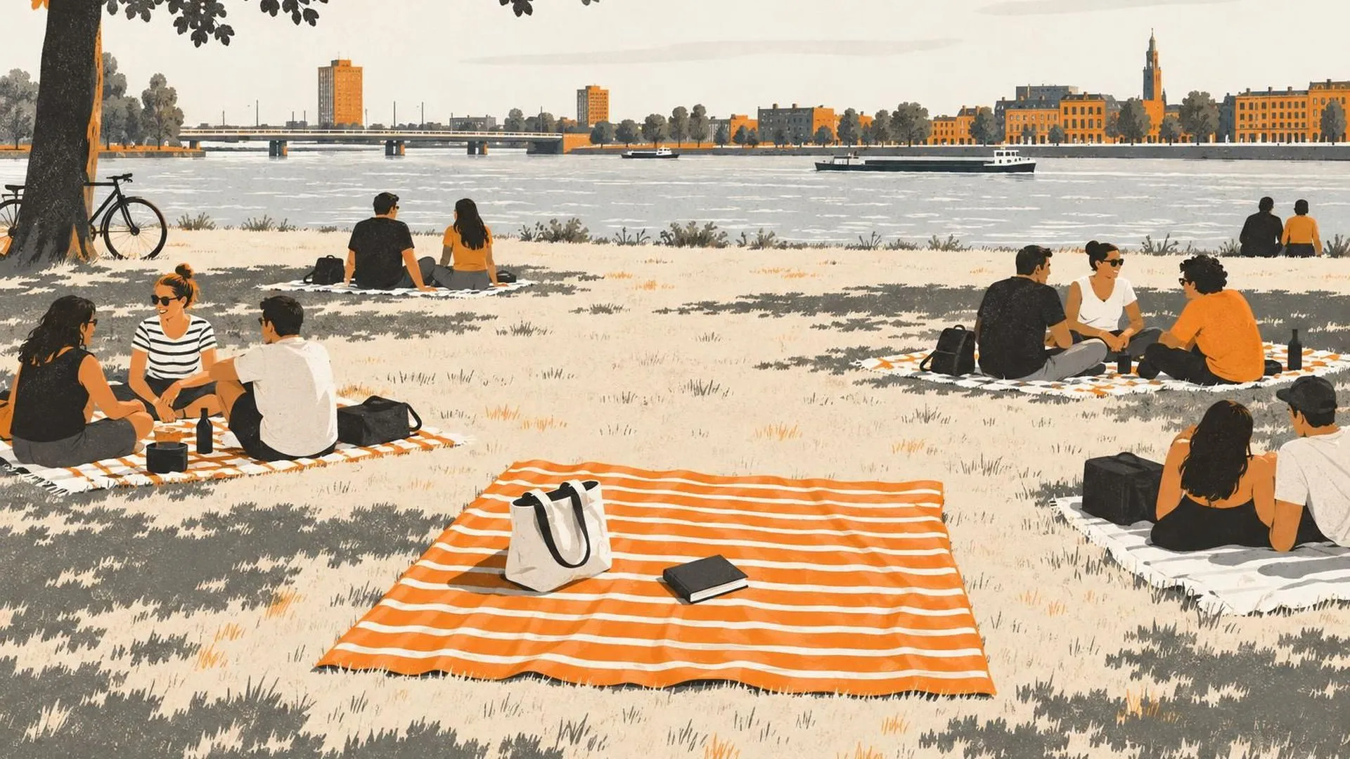 Bovenaanzicht van een picknickkleed in een park met alleen een tas en een boek erop, omringd door andere kleden vol kleine groepjes mensen.