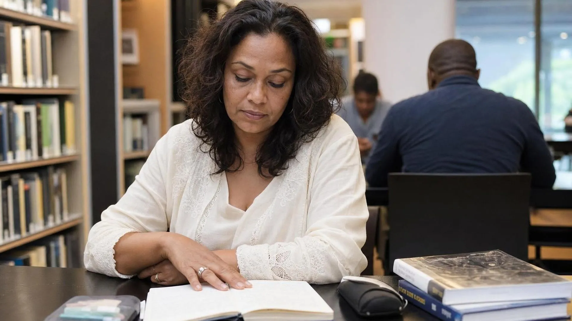Vrouw met autisme die zich probeert te concentreren aan een tafel in een stille bibliotheek