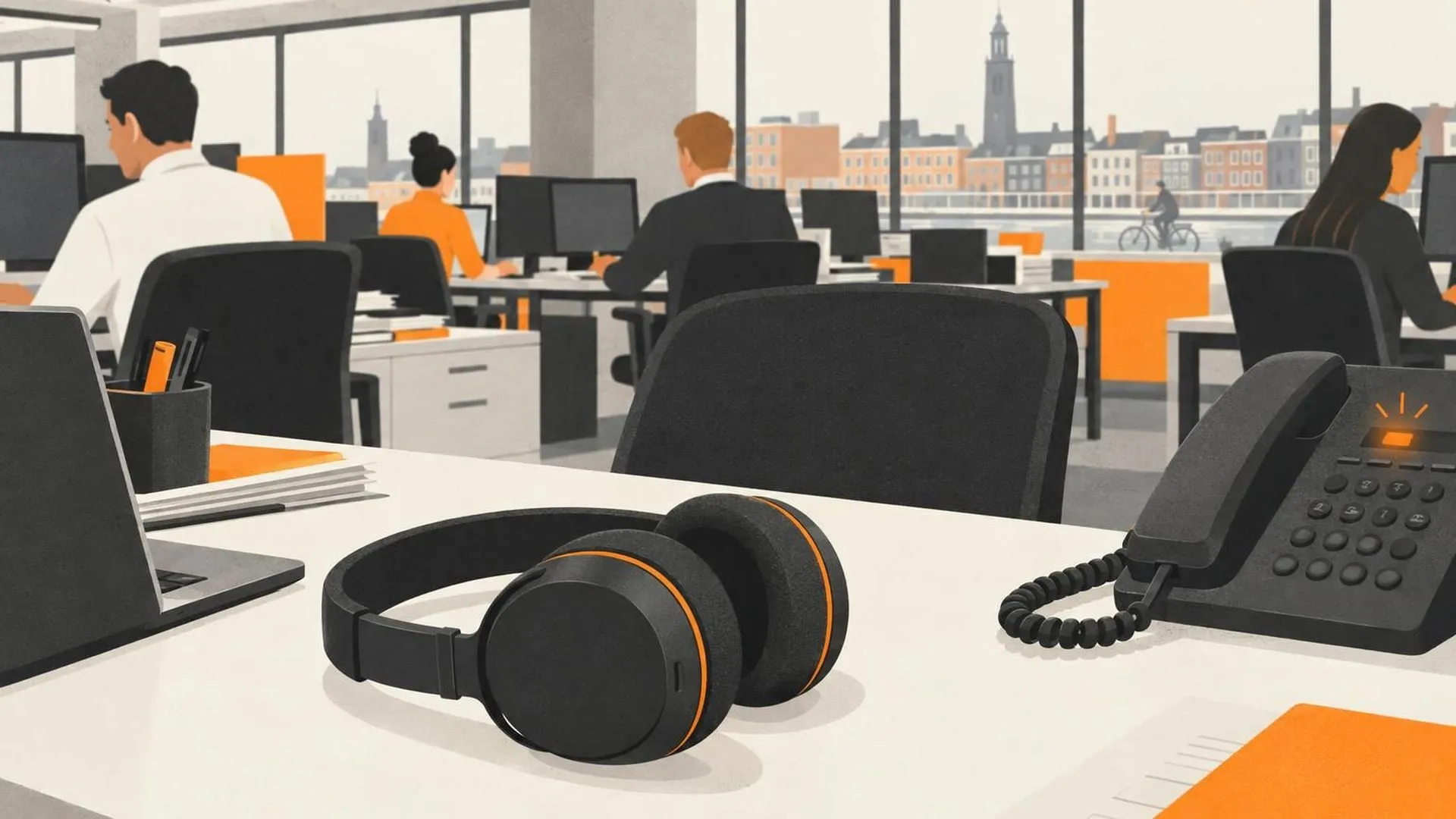 Een koptelefoon op een bureau naast een bureautelefoon met knipperend lampje, in een verder drukke kantoortuin.