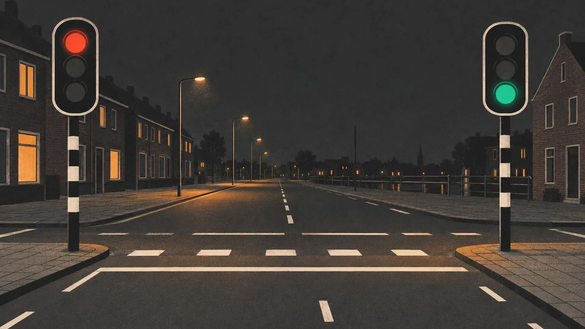 Twee verkeerslichten op een stille straat die tegelijk rood en groen aangeven.