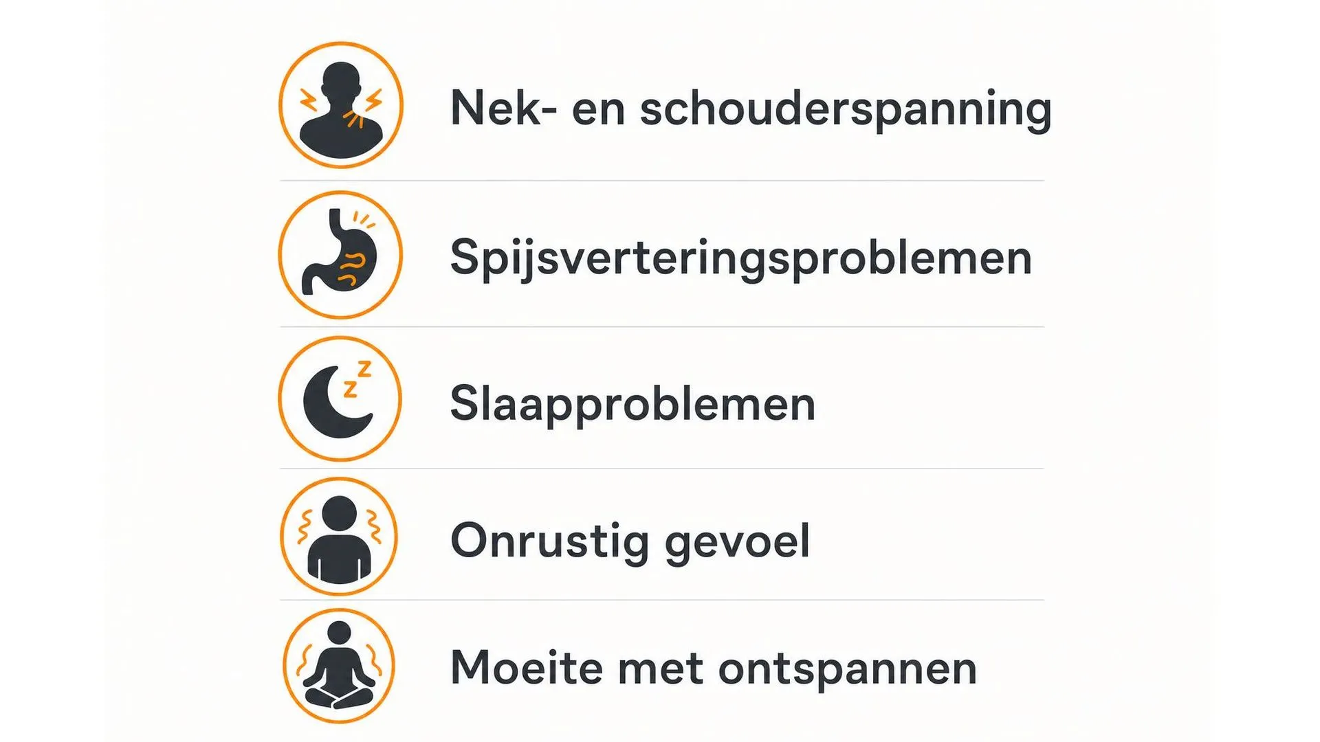 Vijf signalen dat de nervus vagus onvoldoende actief is, als lijst met icoontjes