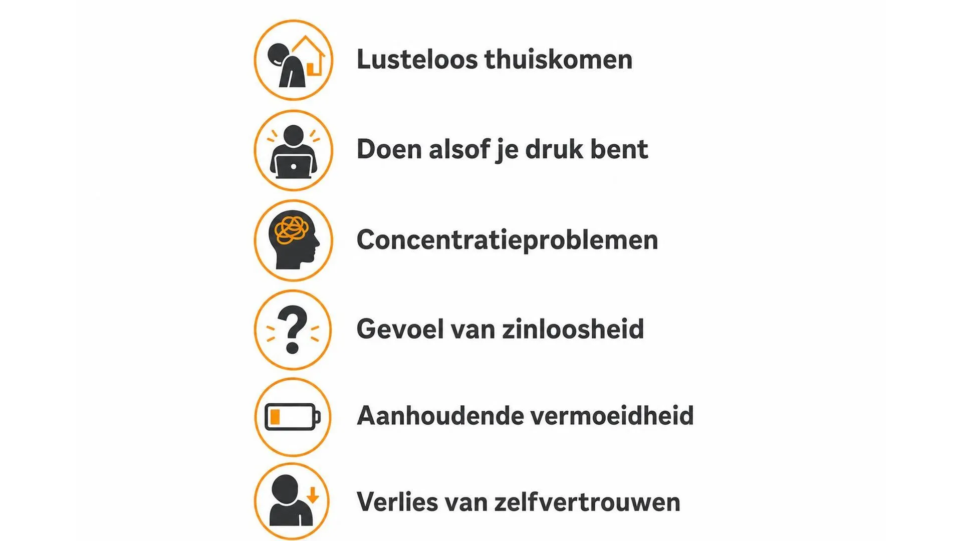 Zes veelvoorkomende signalen van een bore-out weergegeven als lijst met icoontjes