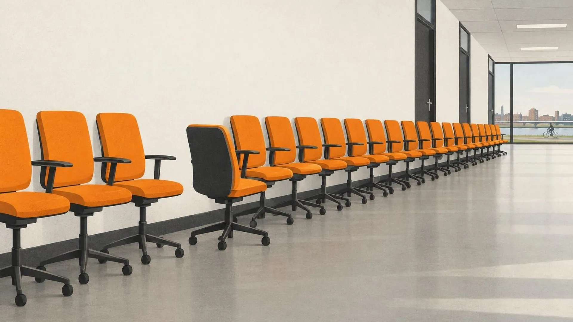 Een lange rij identieke bureaustoelen staat tegen een gangmuur, allemaal naar voren gericht, op één stoel na die zich net iets van de rij afkeert.