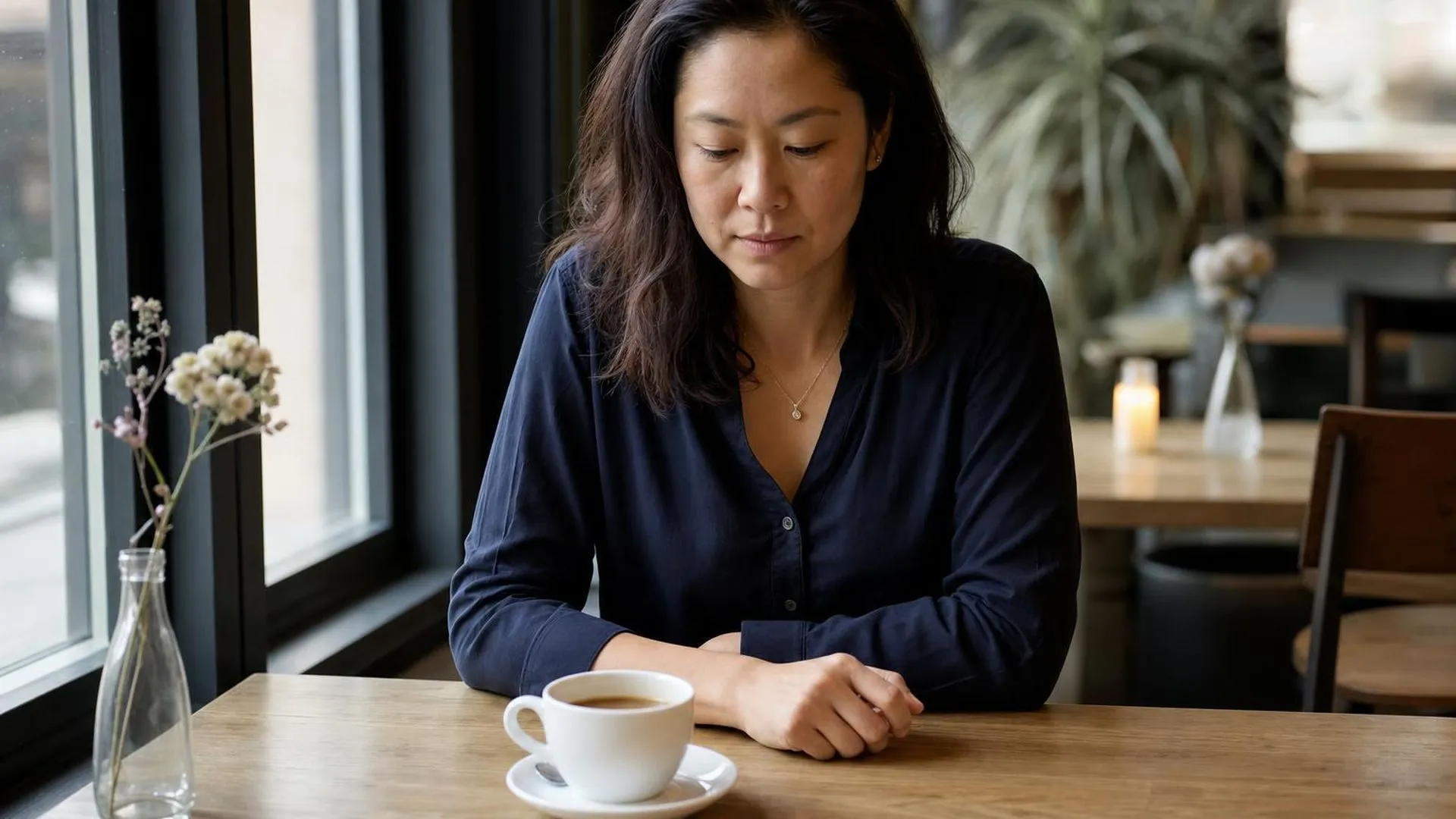 Persoon zit stil bij een raam met een onaangeroerde kop koffie, in gedachten verzonken