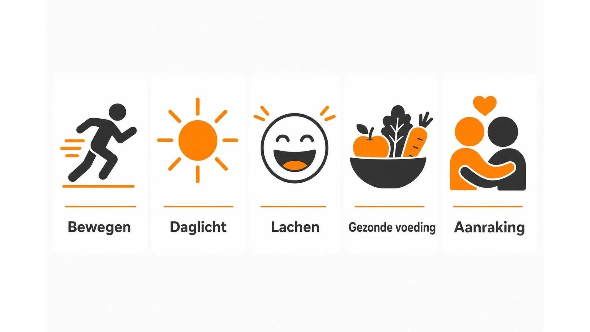 Vijf manieren om endorfine aan te maken: bewegen, daglicht, lachen, gezonde voeding en aanraking