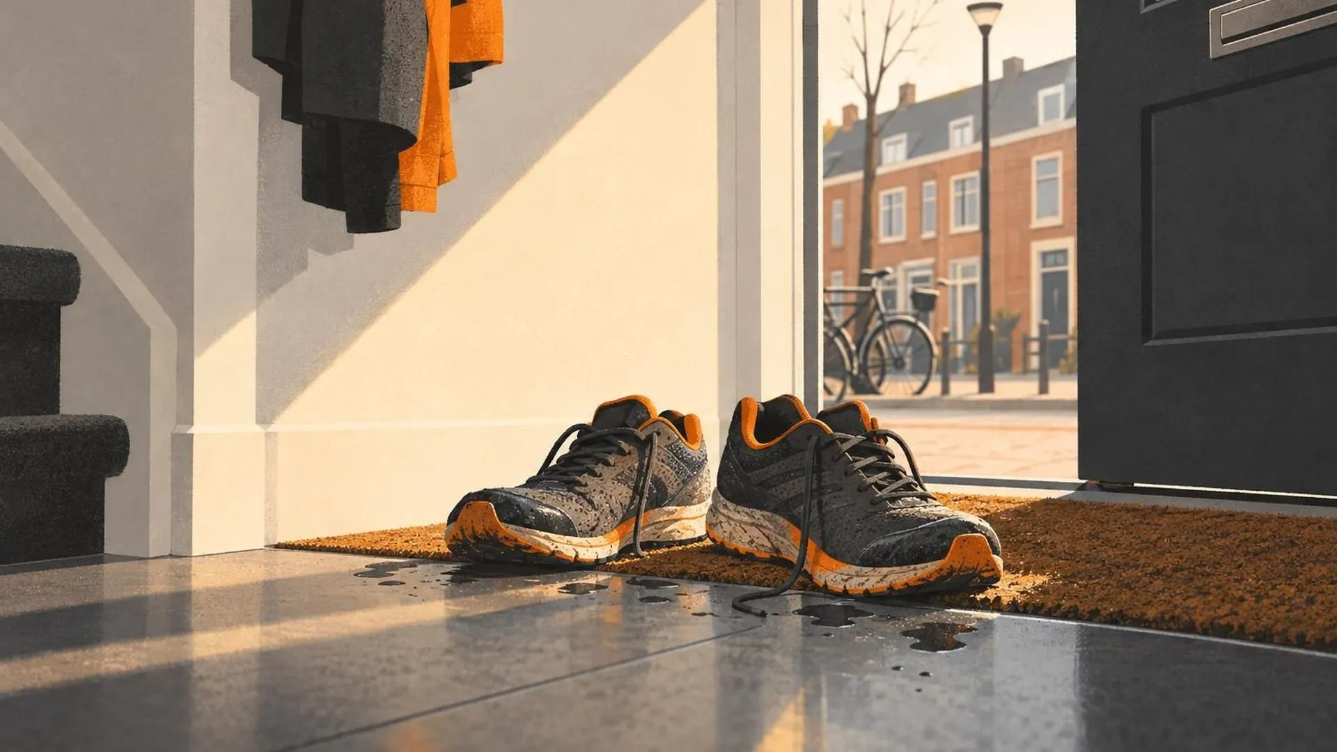Een paar afgetrapte hardloopschoenen bij de voordeur, nog een beetje vochtig, ochtendlicht door de gang.