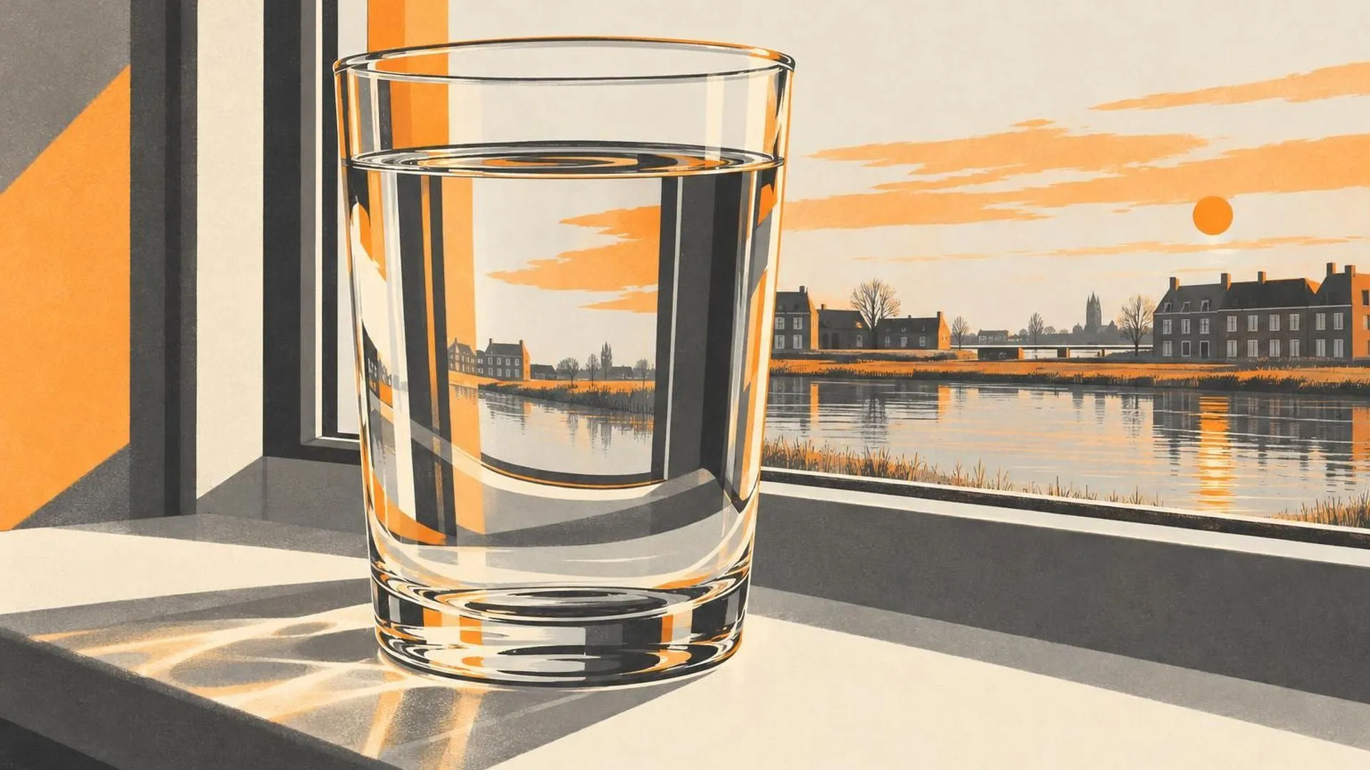 Een uitvergrote close-up van een vol glas water op een vensterbank, waarin al het licht en de kleur van de kamer samenkomt.
