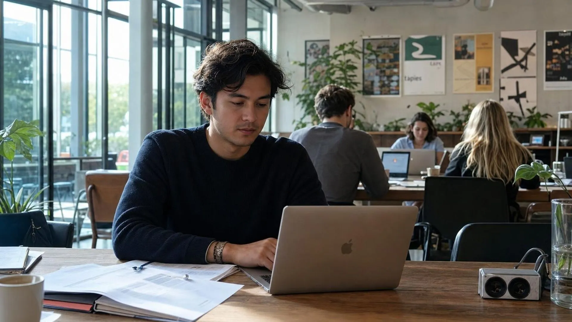Medewerker kijkt naar laptop op gedeelde werktafel, nadenken over werkdruk en verzuim