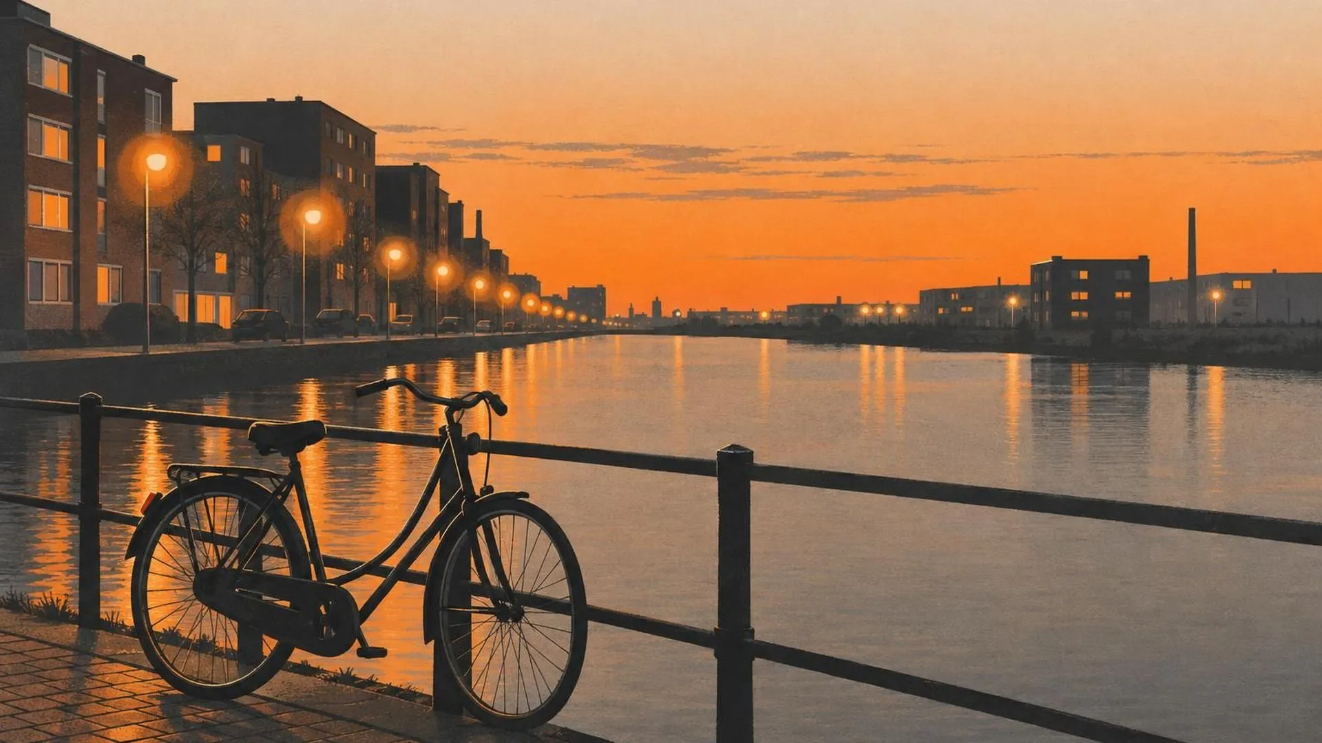 Een fiets tegen een kanaalreling in de schemer, met de straatlantaarns langs het water als zachte, wazige lichtcirkels.