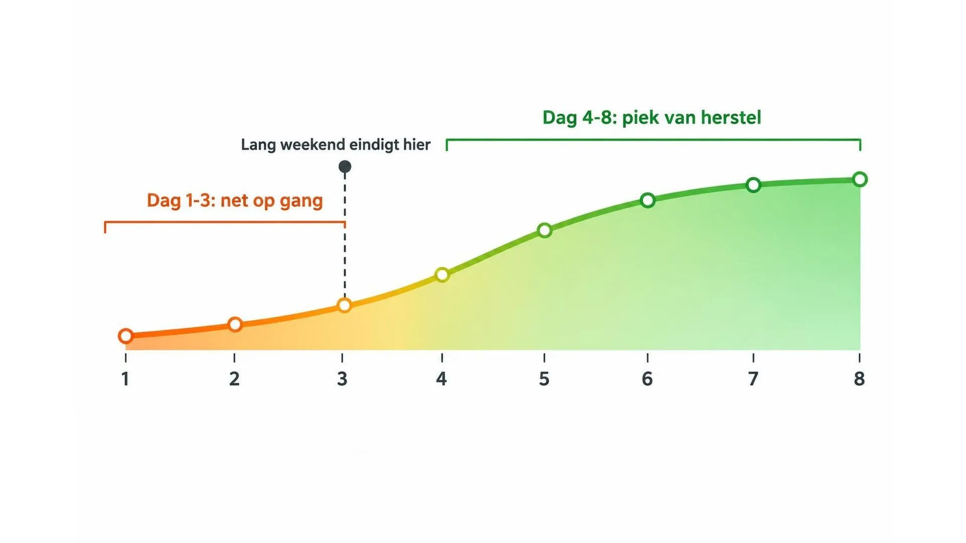 Tijdlijn die laat zien dat herstel van vakantie pas piekt tussen dag vier en acht, terwijl een lang weekend na dag twee of drie al stopt