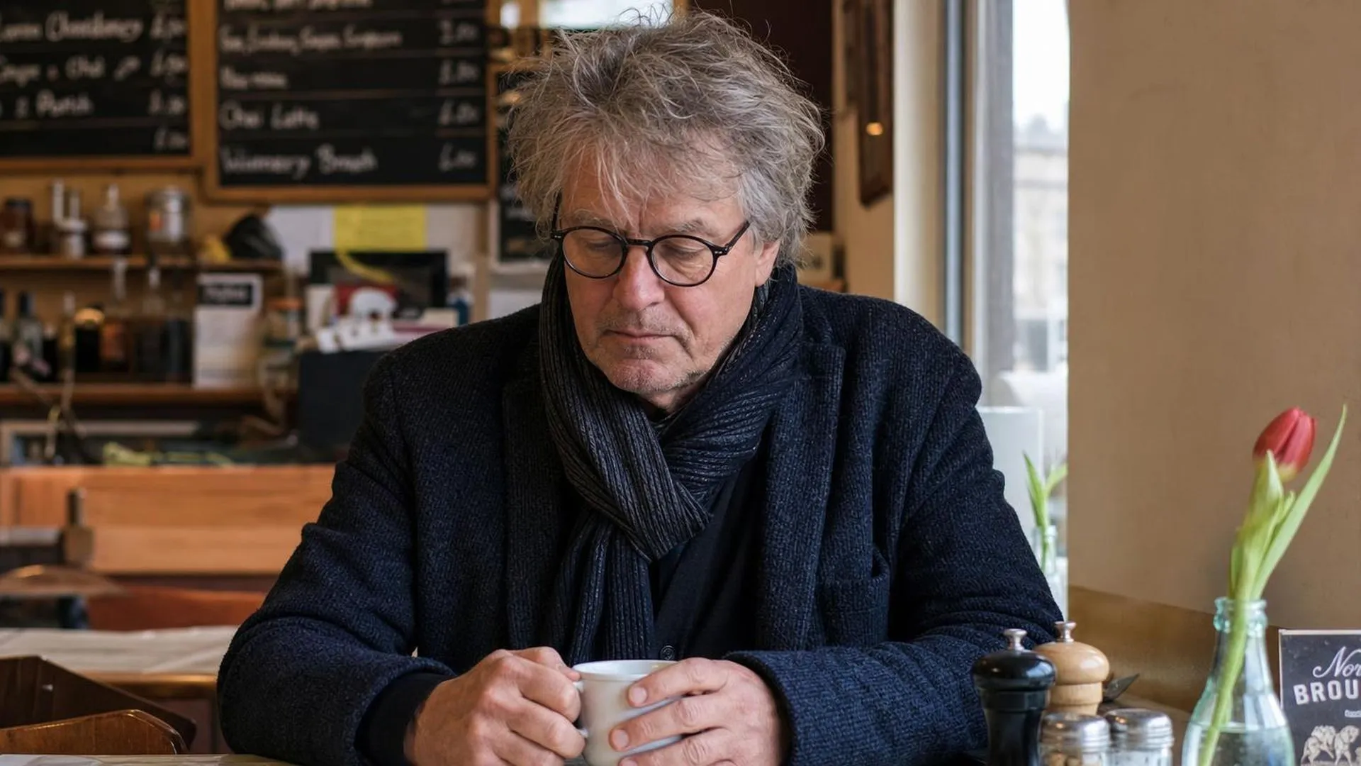 Persoon die even pauzeert met een kop thee aan een tafel