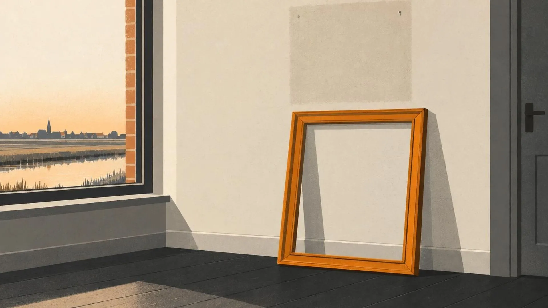 Een lege fotolijst tegen een muur, met een donkerder rechthoekige vlek op de muur erachter.