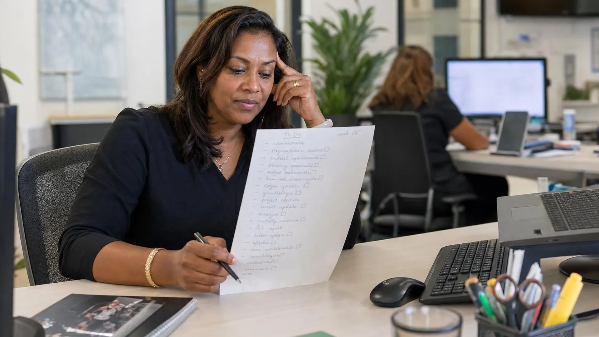 Persoon staart naar een lange takenlijst op het werk, zichtbaar onder druk