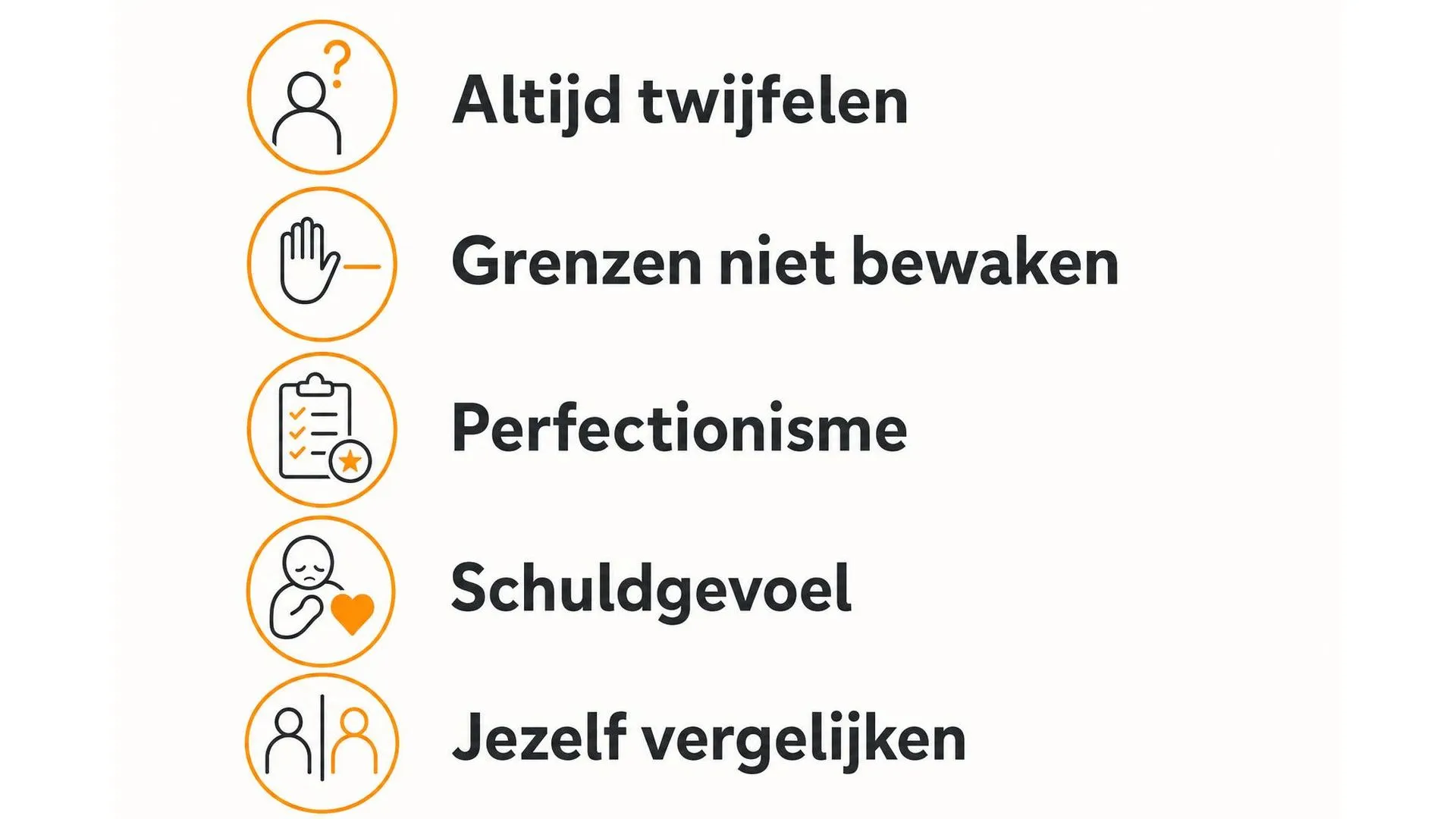 Vijf veelvoorkomende signalen van een laag zelfvertrouwen weergegeven als icoontjeslijst
