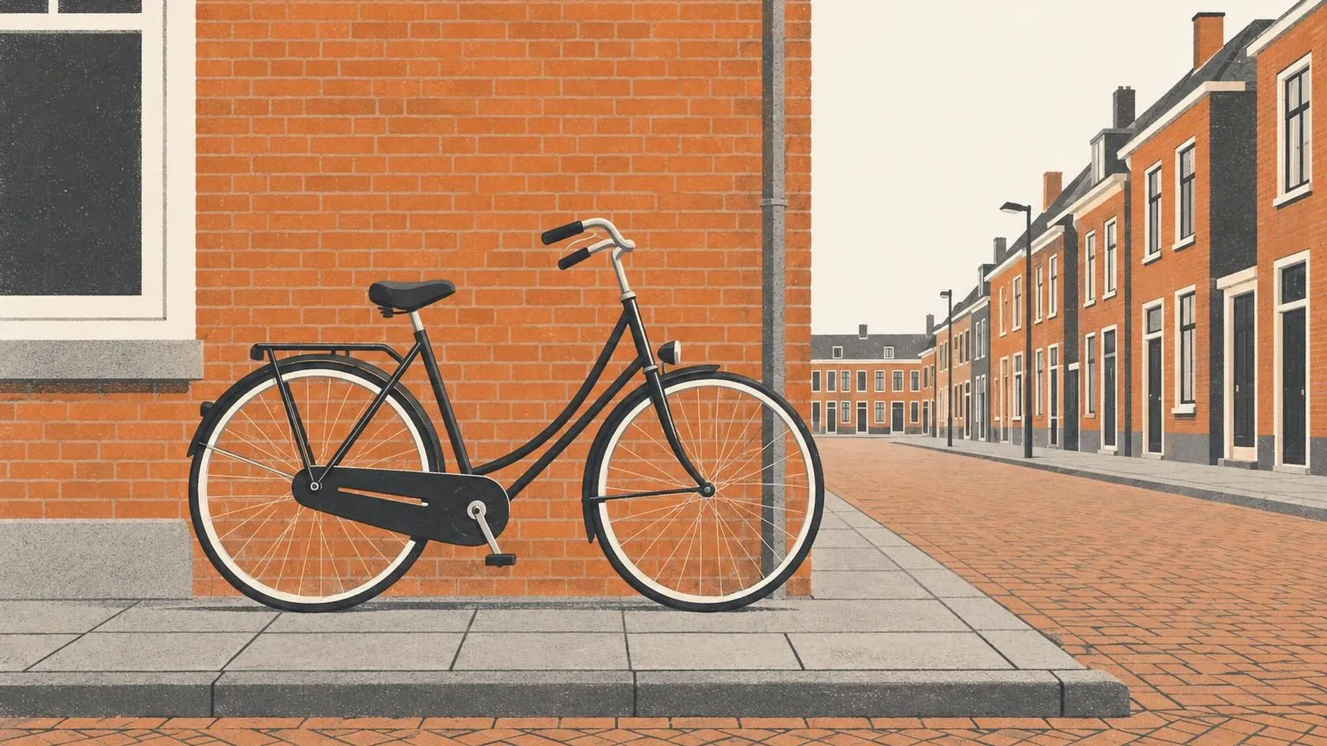 Een fiets die zonder standaard rechtop en op zichzelf staat tegen een kale bakstenen muur.