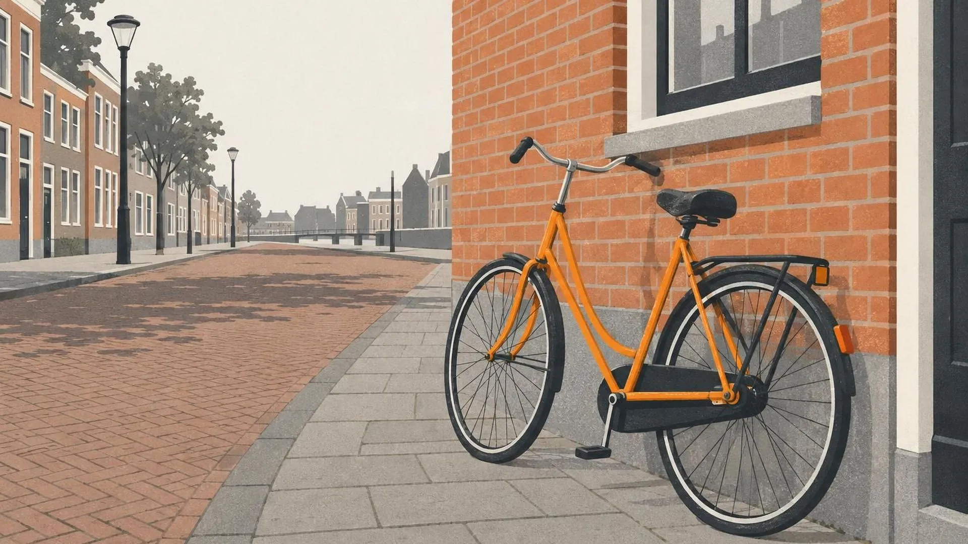 Een fiets die zonder slot en zonder steun uit zichzelf tegen een muur op een rustige Nederlandse straat staat.