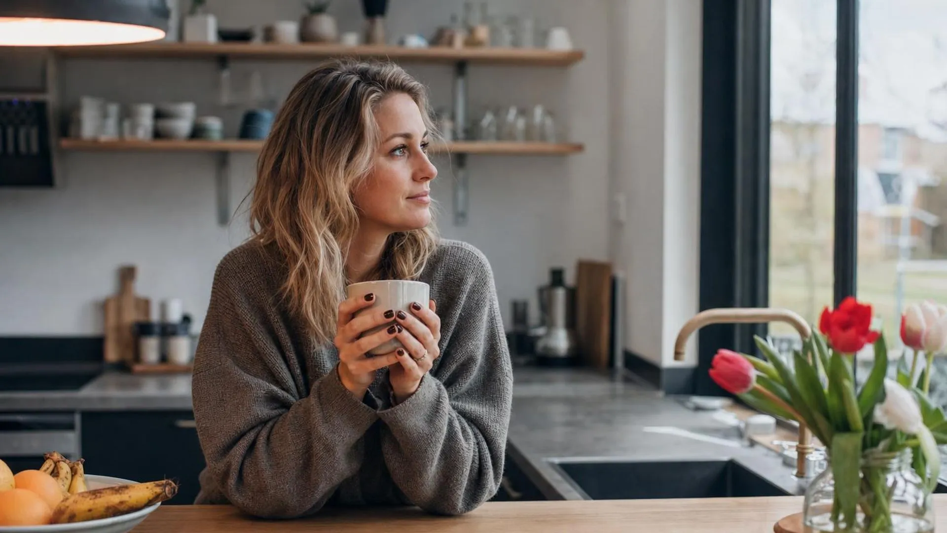 Persoon die even pauzeert in de keuken met een warme mok in handen