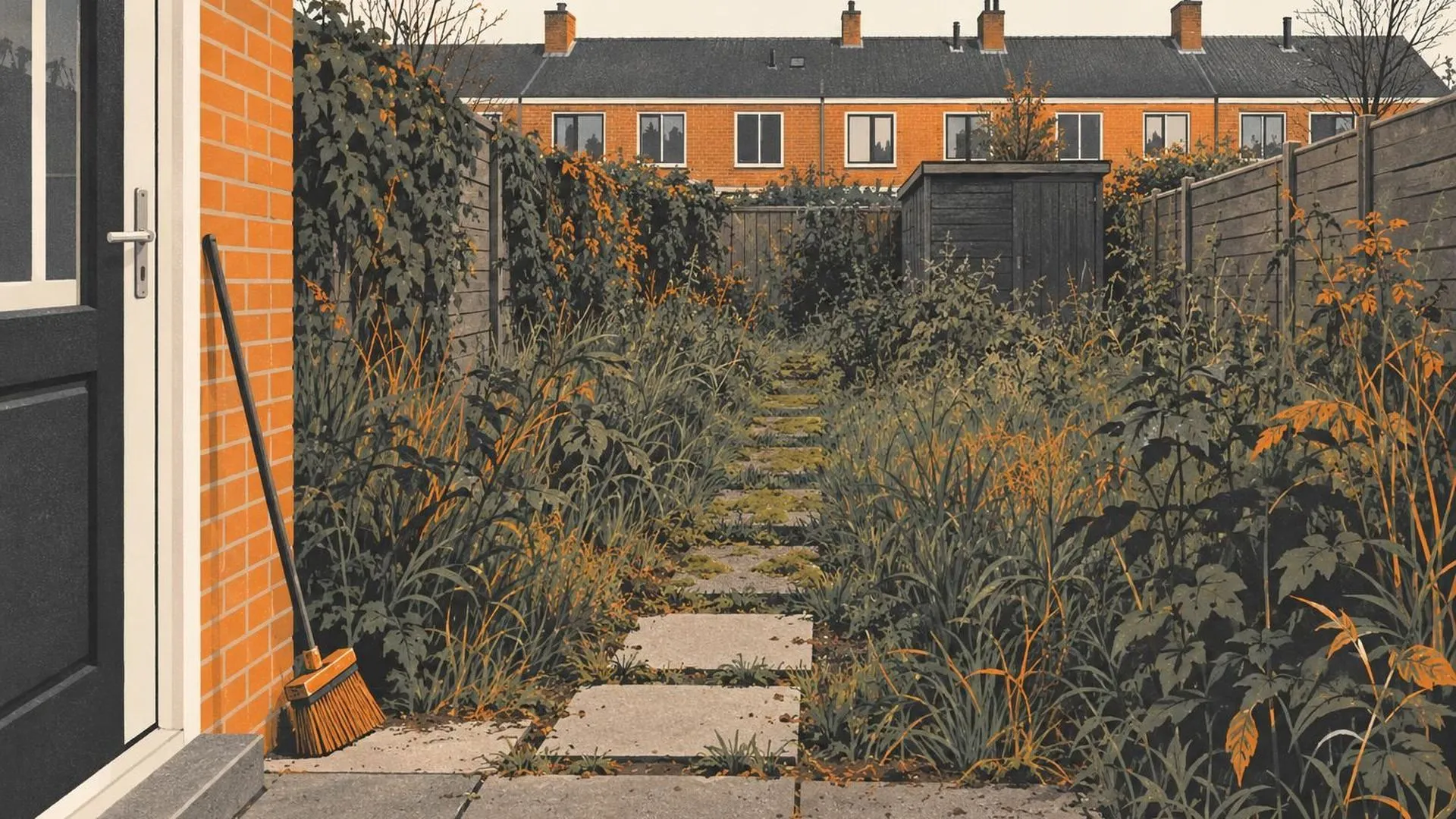 Een verwilderde achtertuin met een pad van tegels waarvan alleen de eerste paar schoongeveegd zijn.