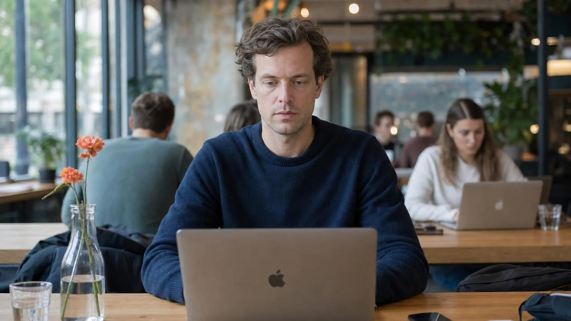 Persoon staart zonder motivatie naar laptop in café