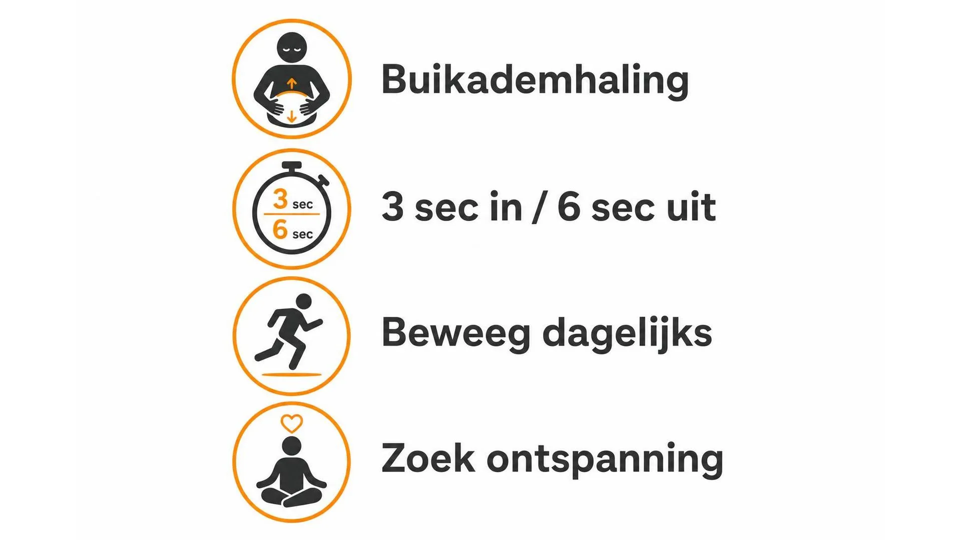 Vier tips voor een betere ademhaling bij stress: buikademhaling, ritme 3-6, bewegen en ontspanning