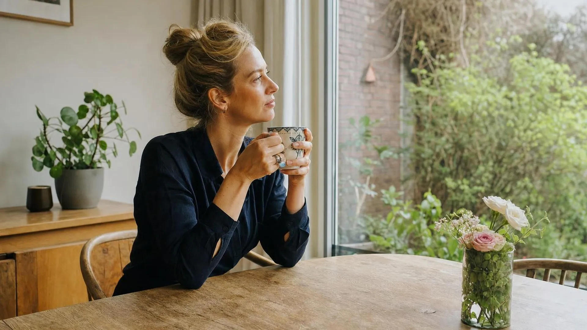 Persoon zit stil aan de eettafel met een mok thee en kijkt naar buiten