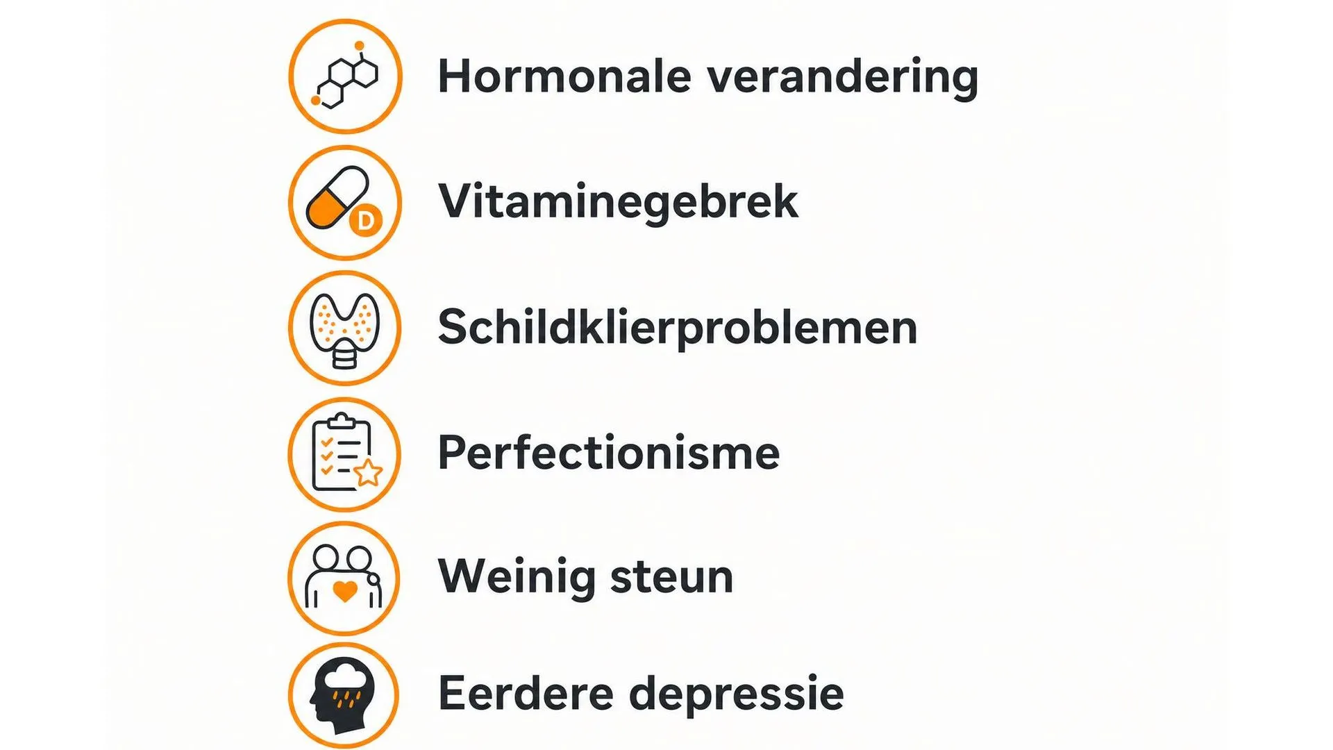 Zes veelvoorkomende oorzaken van een postnatale depressie weergegeven als iconenlijst